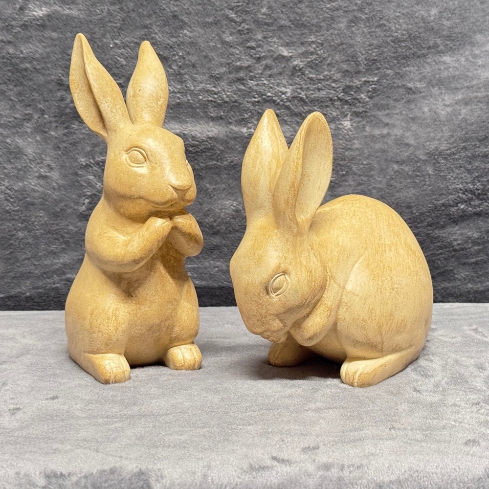 Faux Wood Resin Rabbit Figurines Set 2 Tan Farmhouse Decor Spring Easter